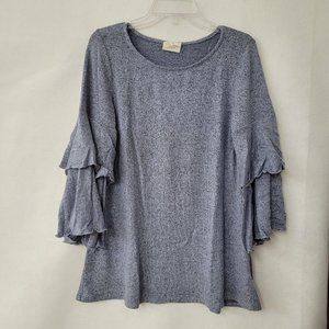 143‎ Story Line Up Sweater Womens S Tiered Bell 3/4 Sleeve Blue Heathered
